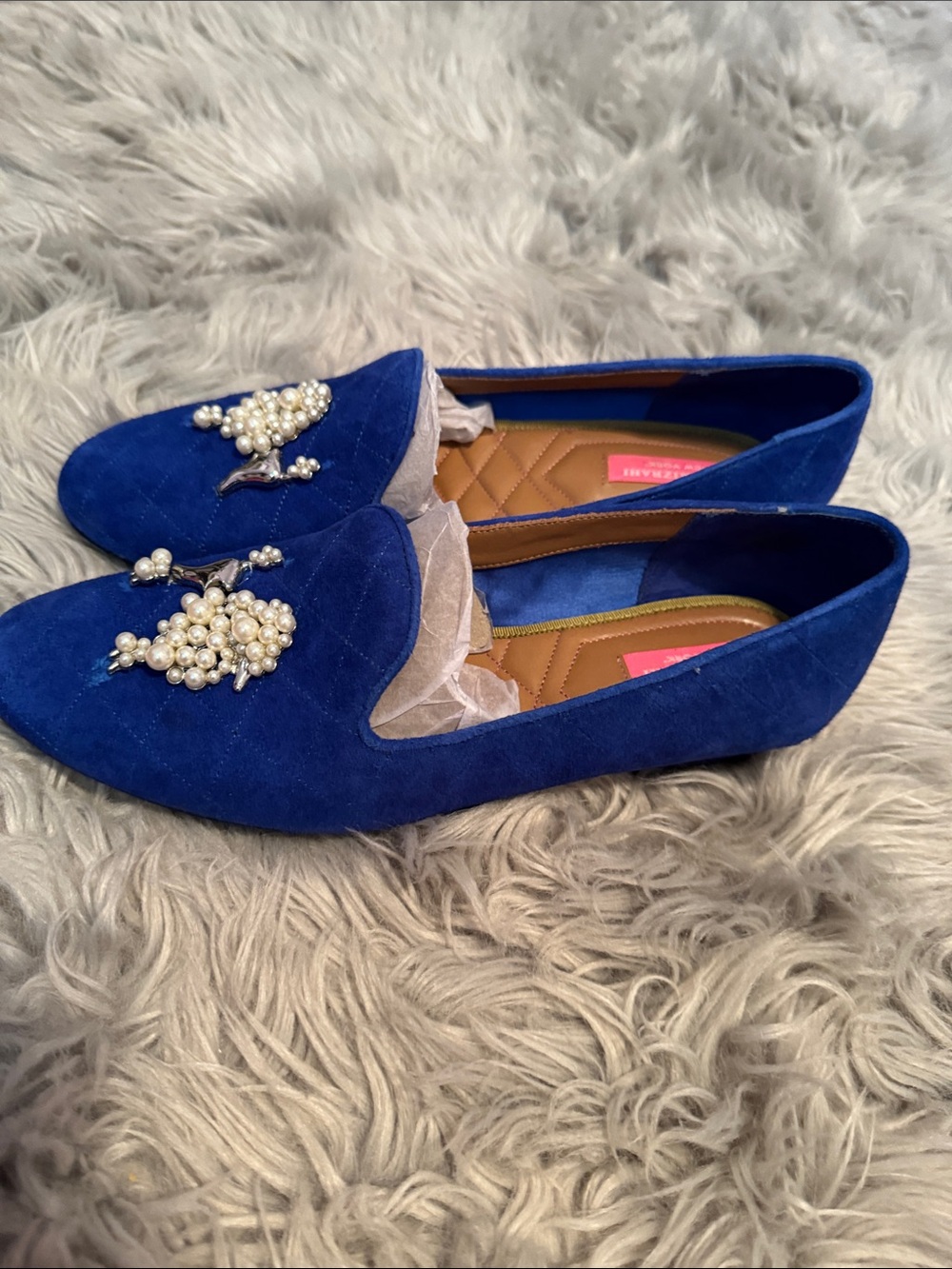 Isaac Mizrahi Royal Blue Suede Pearl-Embellished Loafers - Picture 2 of 5
